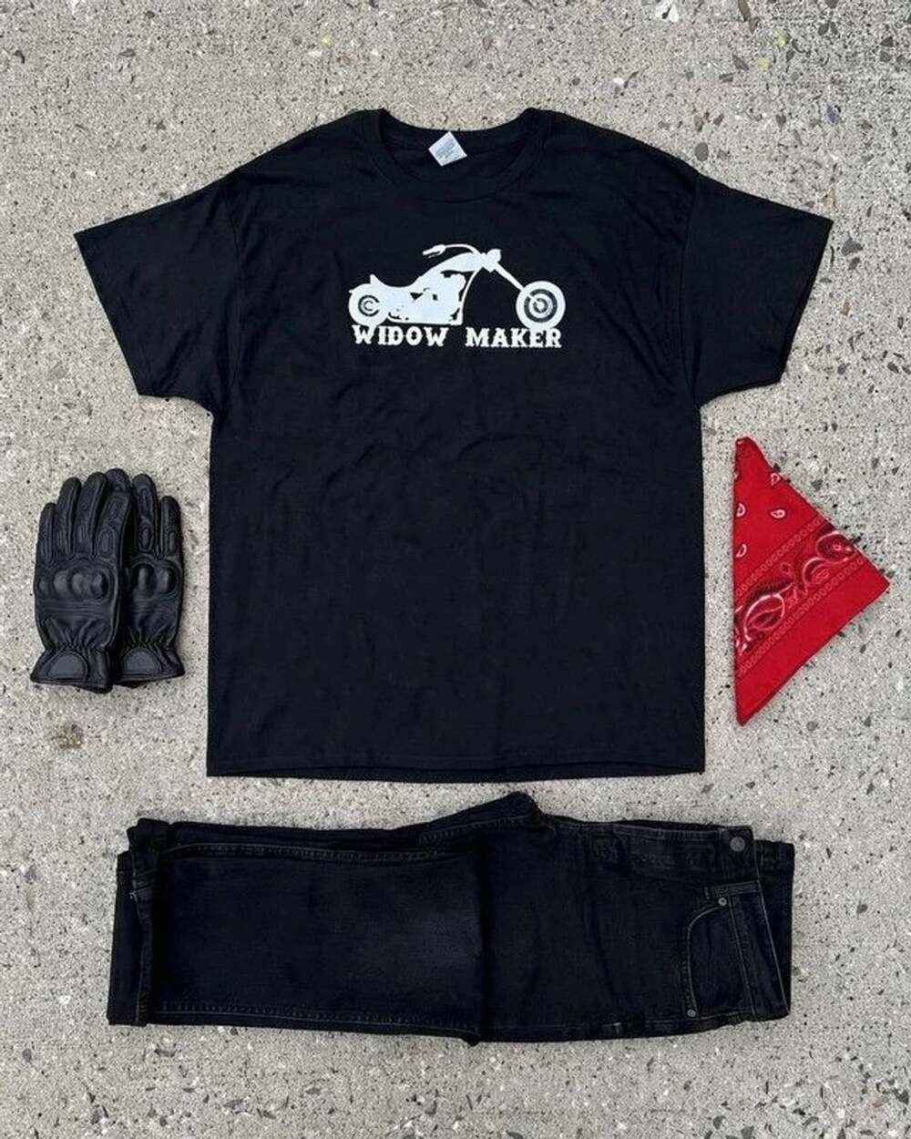 Black Tee with White 'Widow Maker' Motorcycle Graphic
